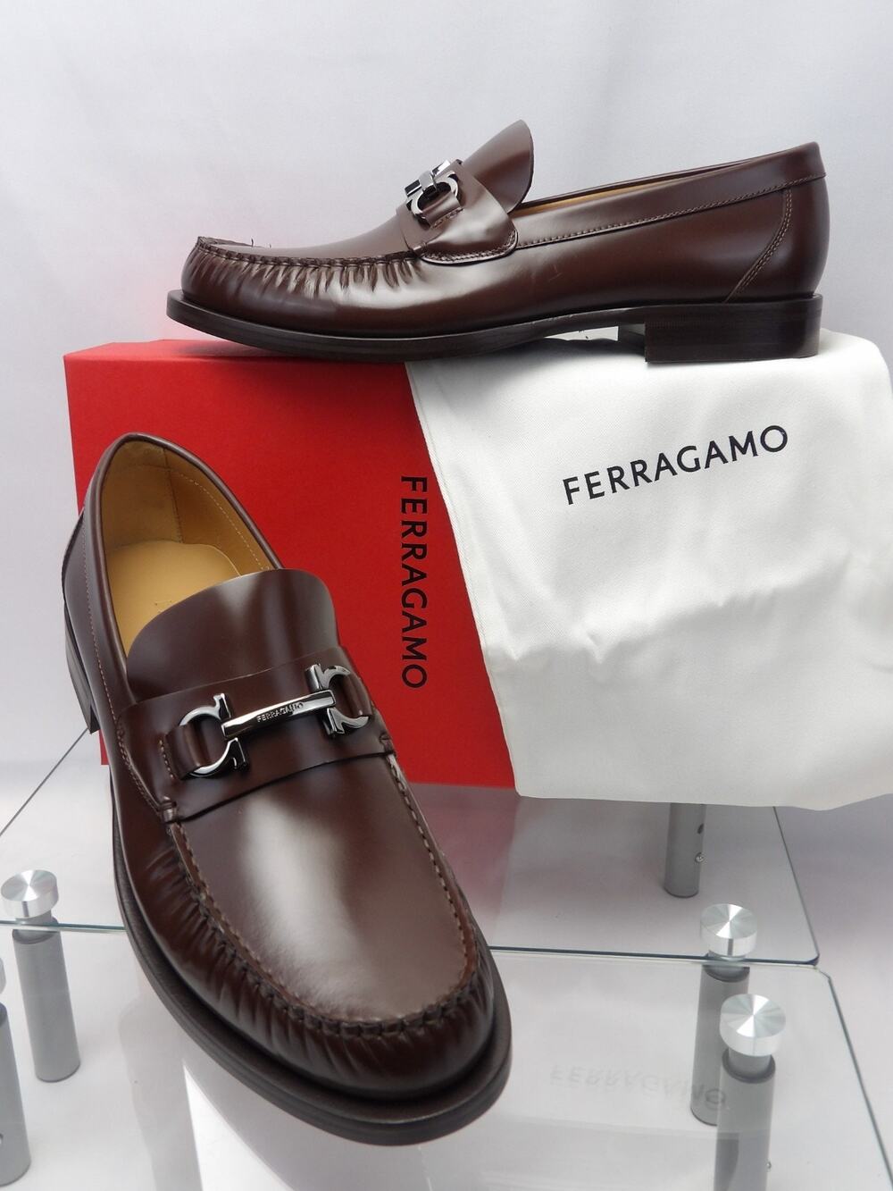 NIB FERRAGAMO BROWN LEATHER FORT GANCINI BIT LOGO LOAFERS 11 E ITALY